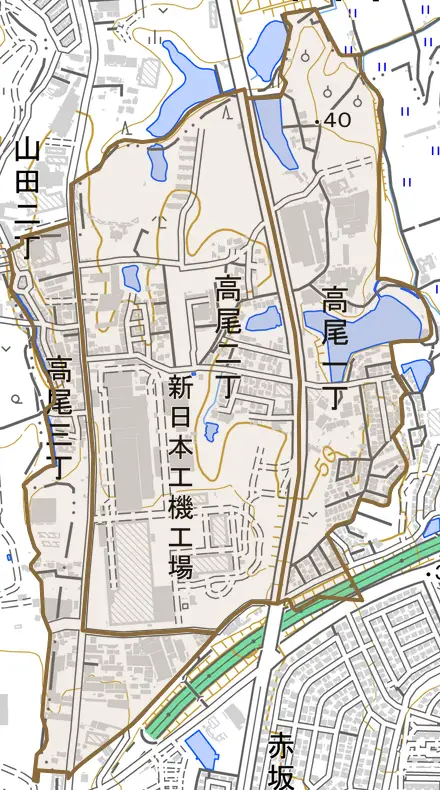 高尾とその周辺の地図。町の範囲を重ねている