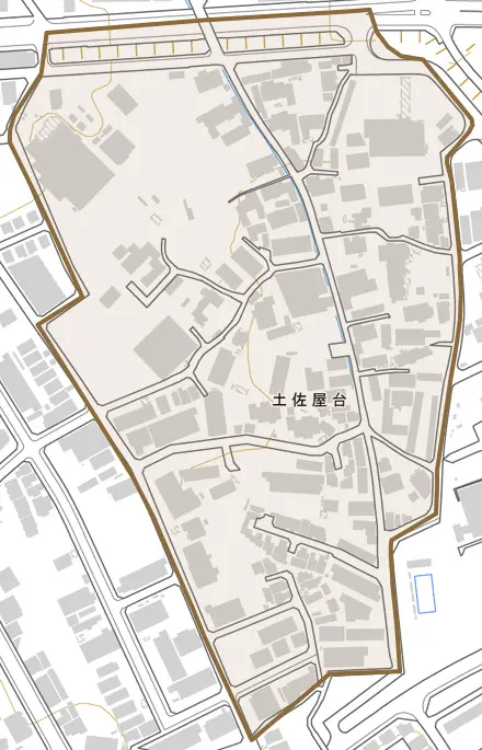 土佐屋台とその周辺の地図。町の範囲を重ねている