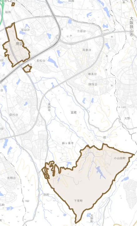 豊田とその周辺の地図。町の範囲を重ねている