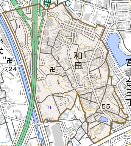 和田とその周辺の地図。町の範囲を重ねている