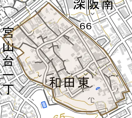 和田東とその周辺の地図。町の範囲を重ねている