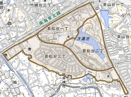 若松台とその周辺の地図。町の範囲を重ねている
