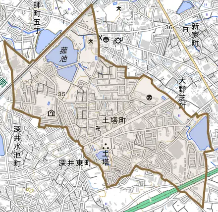 土塔町とその周辺の地図。町の範囲を重ねている