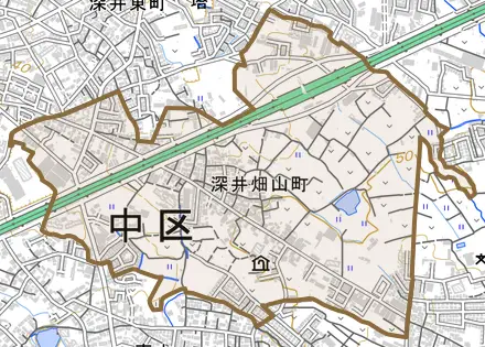 深井畑山町とその周辺の地図。町の範囲を重ねている
