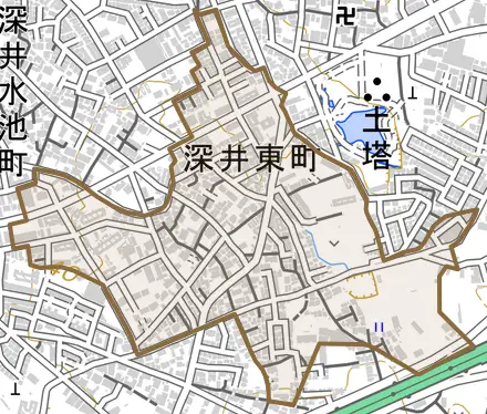 深井東町とその周辺の地図。町の範囲を重ねている