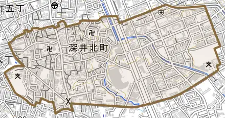 深井北町とその周辺の地図。町の範囲を重ねている