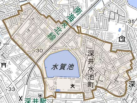 深井水池町とその周辺の地図。町の範囲を重ねている