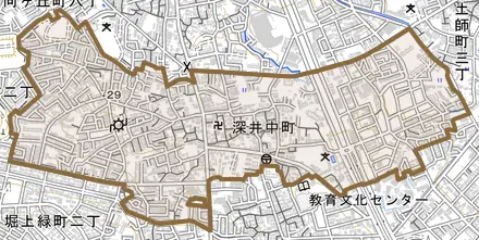 深井中町とその周辺の地図。町の範囲を重ねている