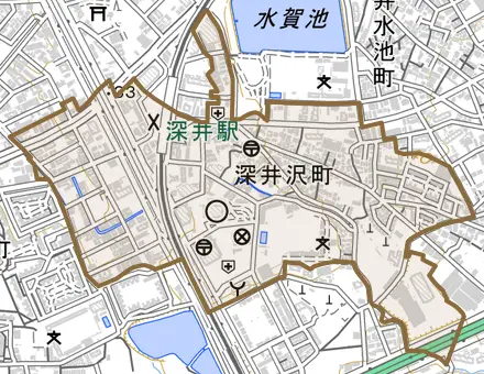 深井沢町とその周辺の地図。町の範囲を重ねている