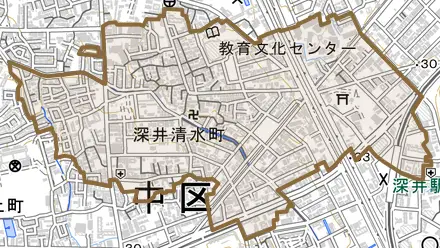 深井清水町とその周辺の地図。町の範囲を重ねている