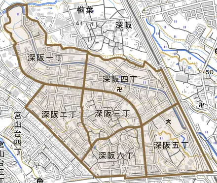 深阪とその周辺の地図。町の範囲を重ねている