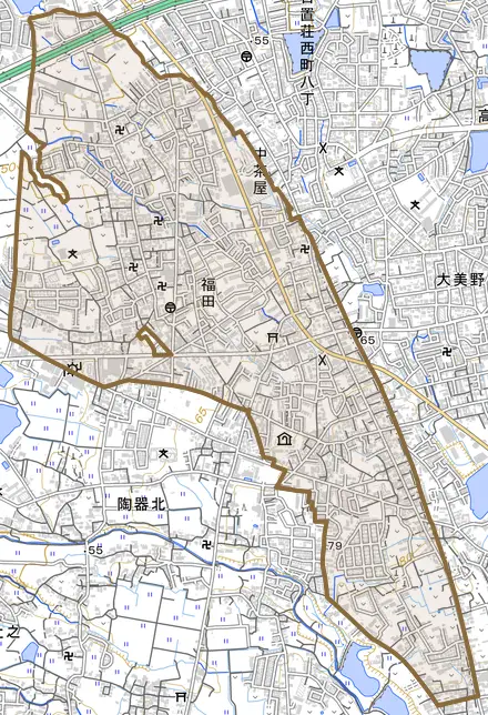 福田とその周辺の地図。町の範囲を重ねている