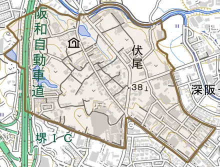 伏尾とその周辺の地図。町の範囲を重ねている
