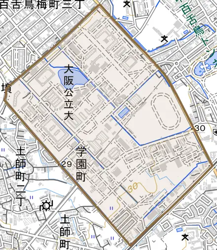 学園町とその周辺の地図。町の範囲を重ねている