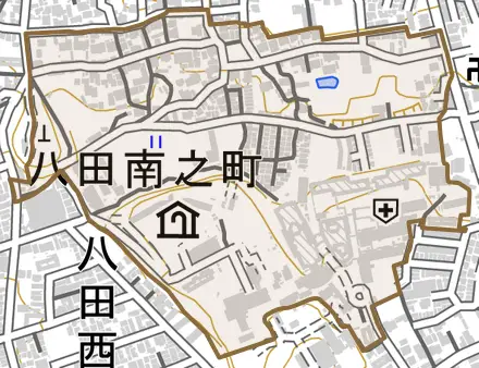 八田南之町とその周辺の地図。町の範囲を重ねている