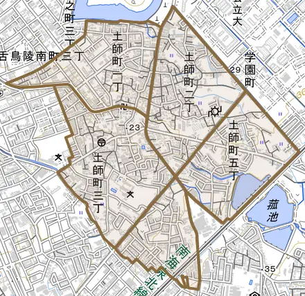 土師町とその周辺の地図。町の範囲を重ねている