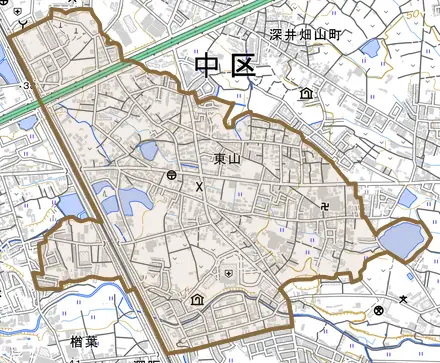 東山とその周辺の地図。町の範囲を重ねている