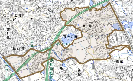 平井とその周辺の地図。町の範囲を重ねている