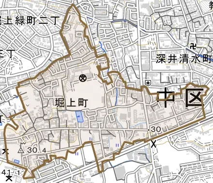 堀上町とその周辺の地図。町の範囲を重ねている