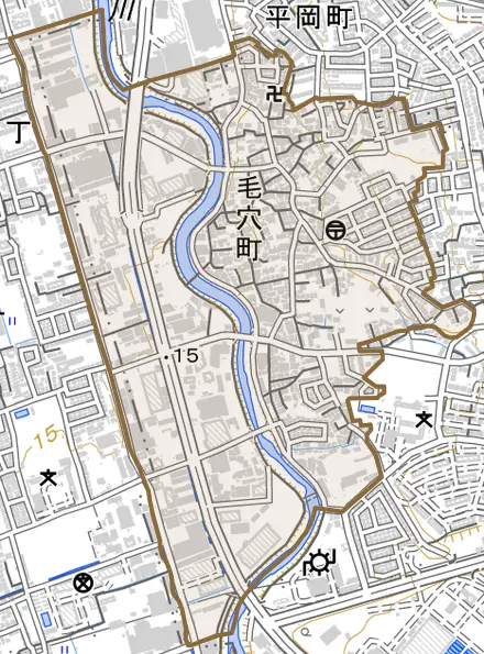 毛穴町とその周辺の地図。町の範囲を重ねている