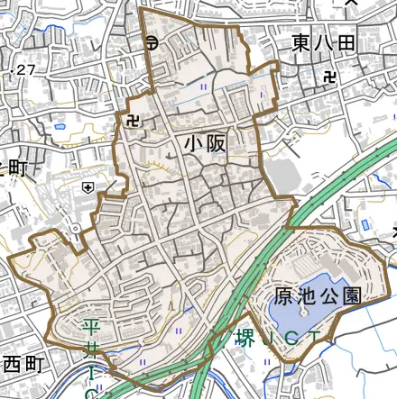 小阪とその周辺の地図。町の範囲を重ねている