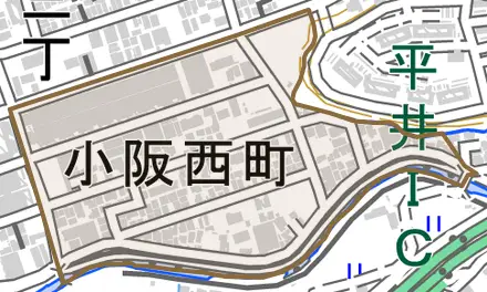 小阪西町とその周辺の地図。町の範囲を重ねている