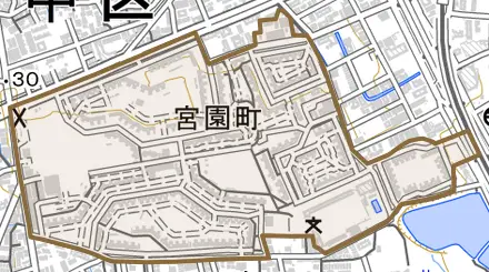 宮園町とその周辺の地図。町の範囲を重ねている