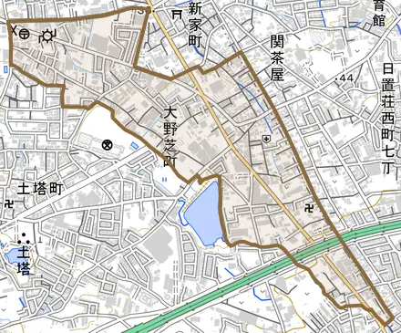 大野芝町とその周辺の地図。町の範囲を重ねている