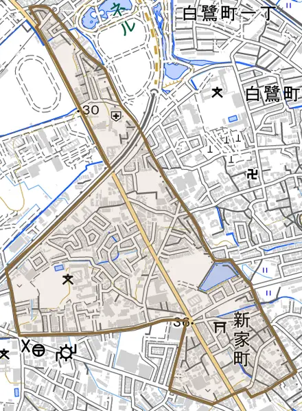 新家町とその周辺の地図。町の範囲を重ねている