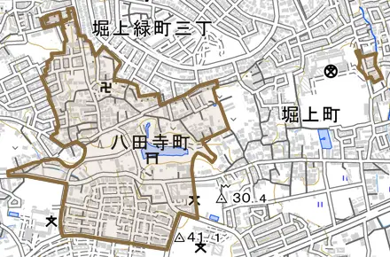 八田寺町とその周辺の地図。町の範囲を重ねている