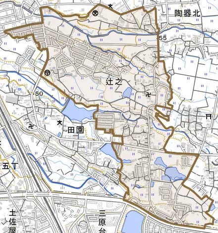 辻之とその周辺の地図。町の範囲を重ねている