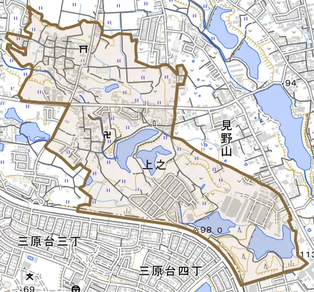 上之とその周辺の地図。町の範囲を重ねている