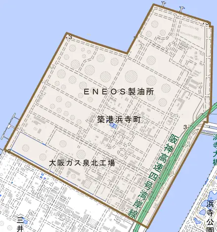 築港浜寺町とその周辺の地図。町の範囲を重ねている