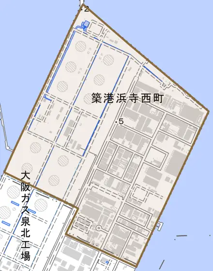 築港浜寺西町とその周辺の地図。町の範囲を重ねている