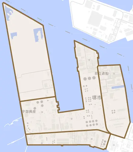 築港新町とその周辺の地図。町の範囲を重ねている