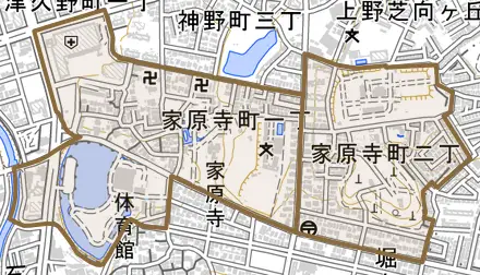 家原寺町とその周辺の地図。町の範囲を重ねている