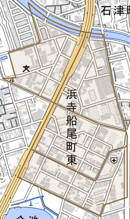 浜寺船尾町東とその周辺の地図。町の範囲を重ねている