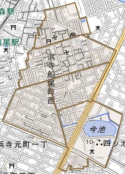 浜寺船尾町西とその周辺の地図。町の範囲を重ねている