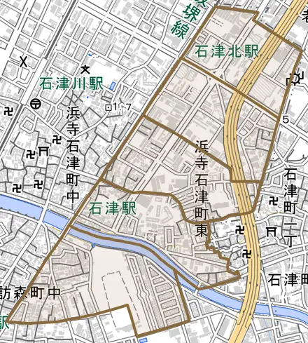 浜寺石津町東とその周辺の地図。町の範囲を重ねている