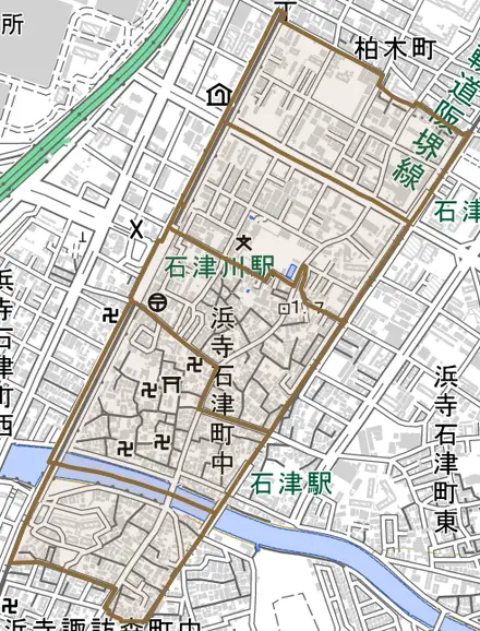 浜寺石津町中とその周辺の地図。町の範囲を重ねている