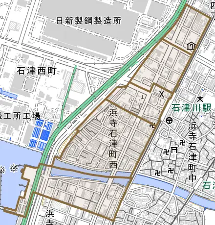浜寺石津町西とその周辺の地図。町の範囲を重ねている