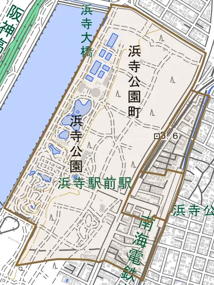 浜寺公園町とその周辺の地図。町の範囲を重ねている