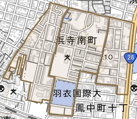 浜寺南町とその周辺の地図。町の範囲を重ねている