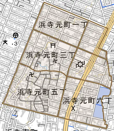 浜寺元町とその周辺の地図。町の範囲を重ねている