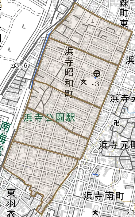 浜寺昭和町とその周辺の地図。町の範囲を重ねている