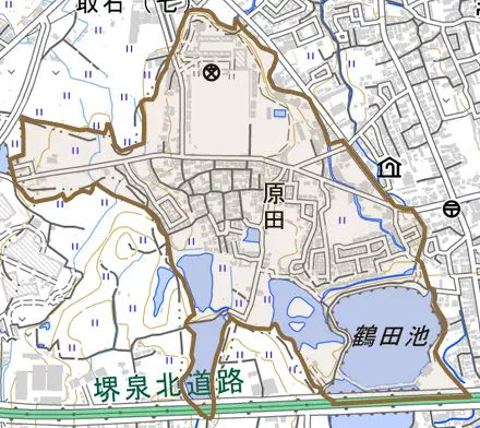 原田とその周辺の地図。町の範囲を重ねている