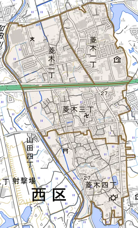 菱木とその周辺の地図。町の範囲を重ねている