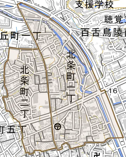 北条町とその周辺の地図。町の範囲を重ねている