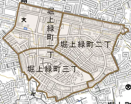 堀上緑町とその周辺の地図。町の範囲を重ねている
