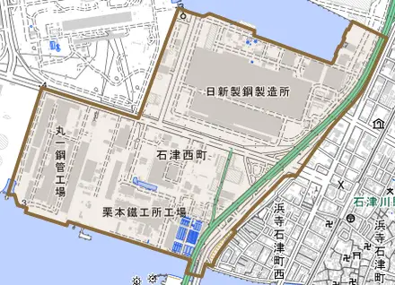 石津西町とその周辺の地図。町の範囲を重ねている